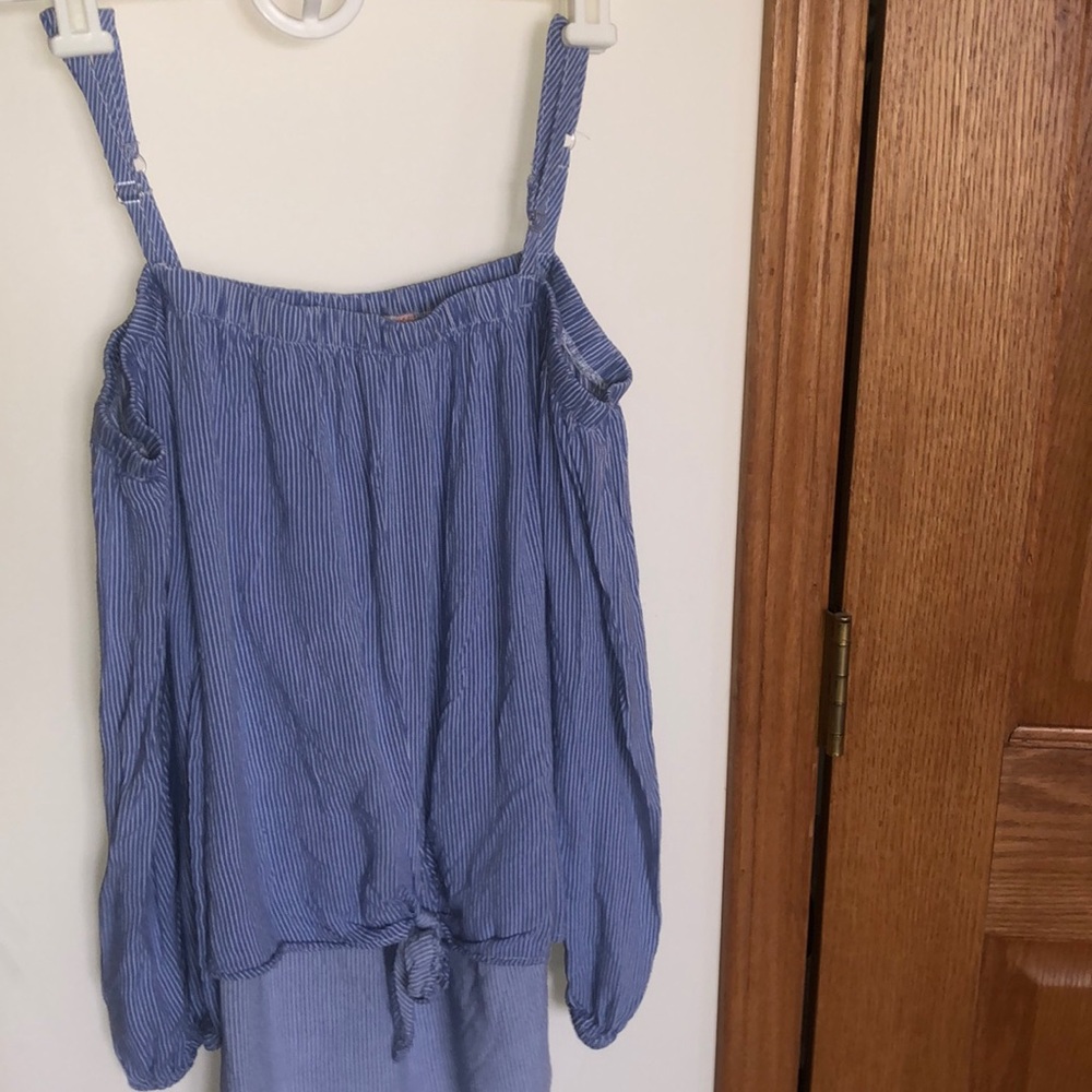 blue and white thin strip off shoulder long sleeve shirt size M